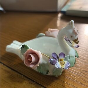 Porcelain Swan Trinket Dish with Floral Accents